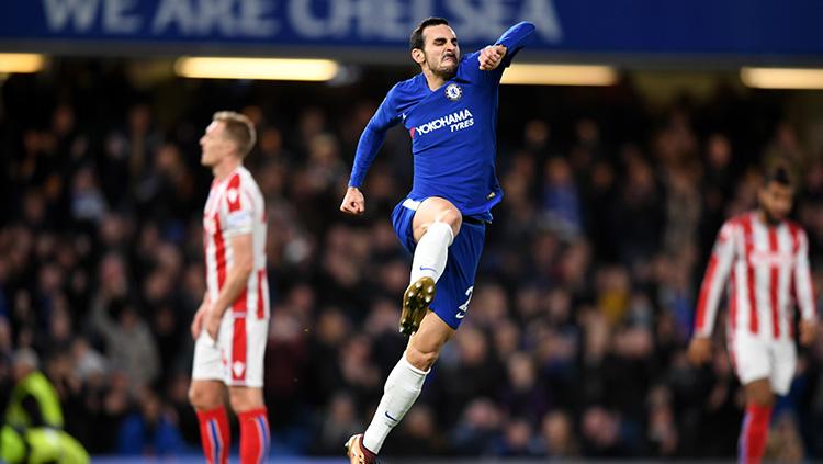 Davide Zappacosta meluapkan kegembiraan setelah berhasil mencetak gol untuk Chelsea ke gawang Stoke City.
