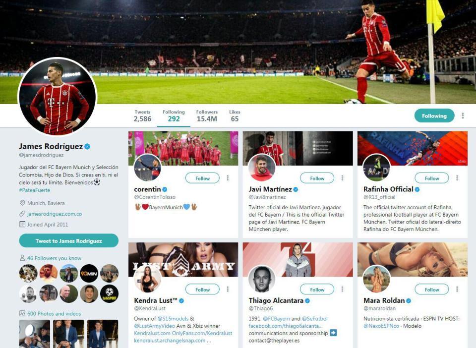 James Rodriguez mem-follow akun bintang porno bernama Kendra Lust. Copyright: Twitter