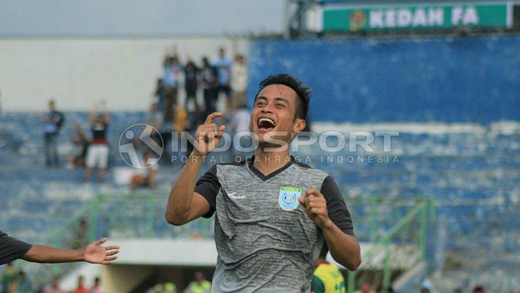 Selebrasi gol Agung Pribadi ke gawang Kedah FA di menit 29, menjadi gol pembuka Suramadu Super Cup 2018.