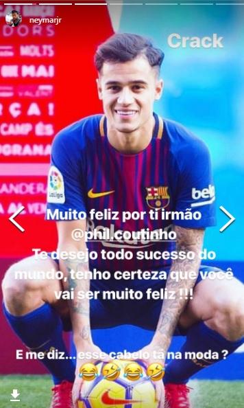 Neymar memberikan pesan kepada Coutinho melalui Insta storiesnya. Copyright: Istimewa