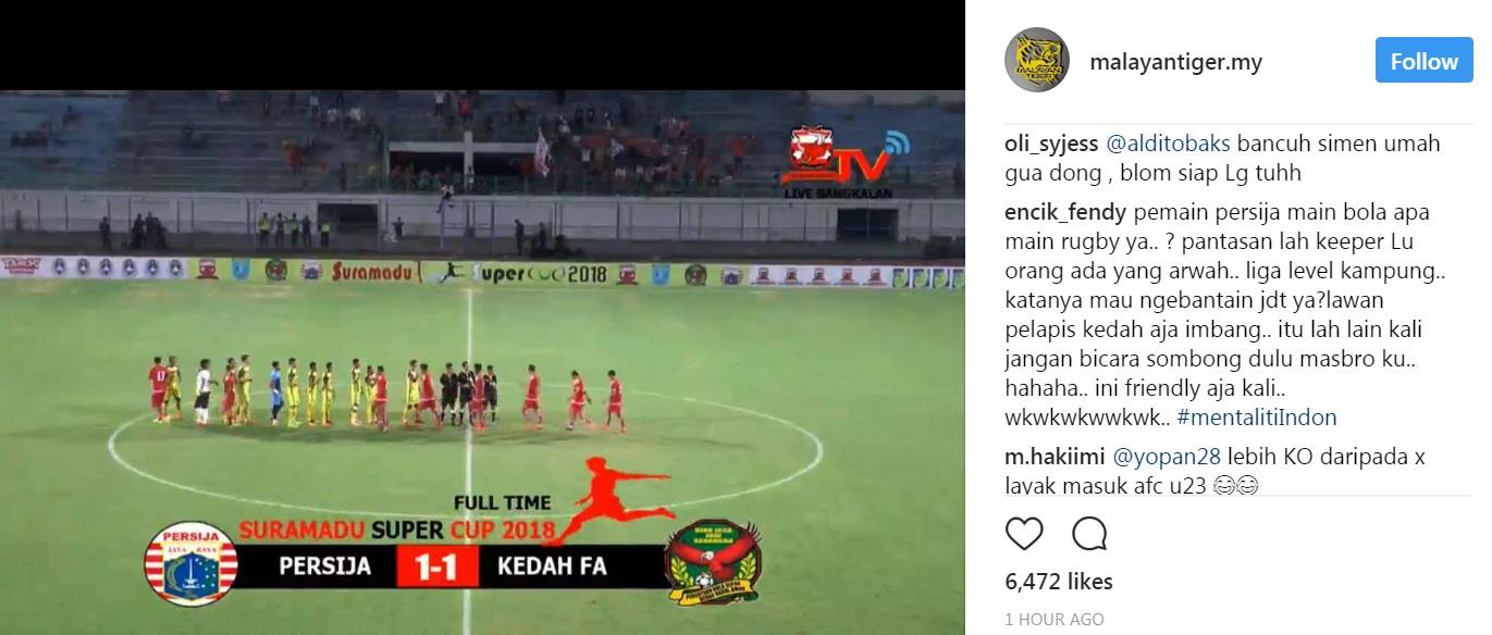 Kicauan warganet Malaysia terkait laga Persija vs Kedah. Copyright: Instagram @malayantiger.my