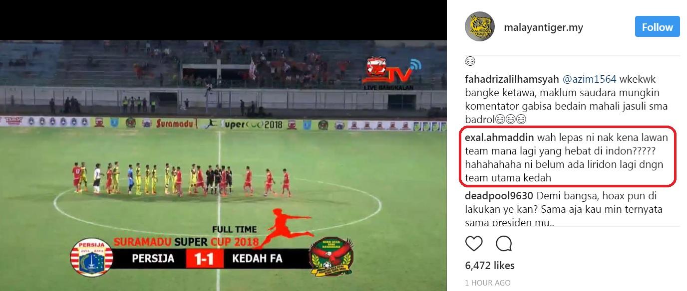 Kicauan warganet Malaysia terkait laga Persija vs Kedah. Copyright: Instagram @malayantiger.my