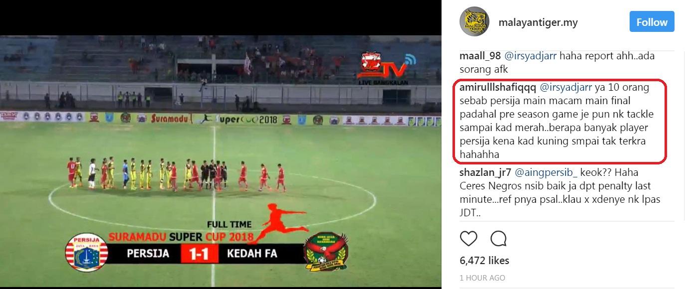 Kicauan warganet Malaysia terkait laga Persija vs Kedah. Copyright: Instagram @malayantiger.my