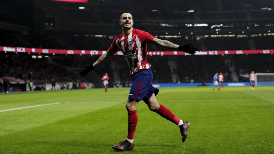 Selebrasi Vitolo usai cetak gol untuk Atletico Madrid di pertandingan LaLiga Spanyol 2019/20, Senin (26/08/19) dini hari WIB.