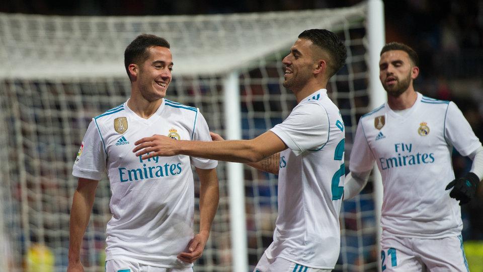 Selebrasi Lucas Vazquez ke gawang Numancia.