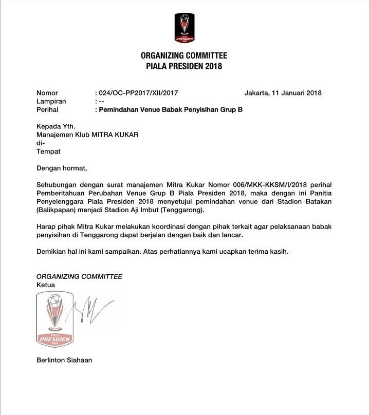 Surat Keputusan Pemindahan Venue Grup B Piala Presiden 2018. Copyright: Internet
