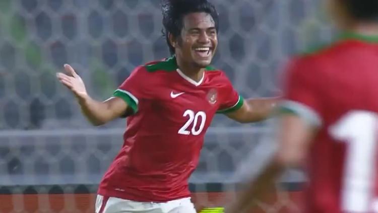 Ilham Udin merayakan gol ke gawang Islandia. - INDOSPORT