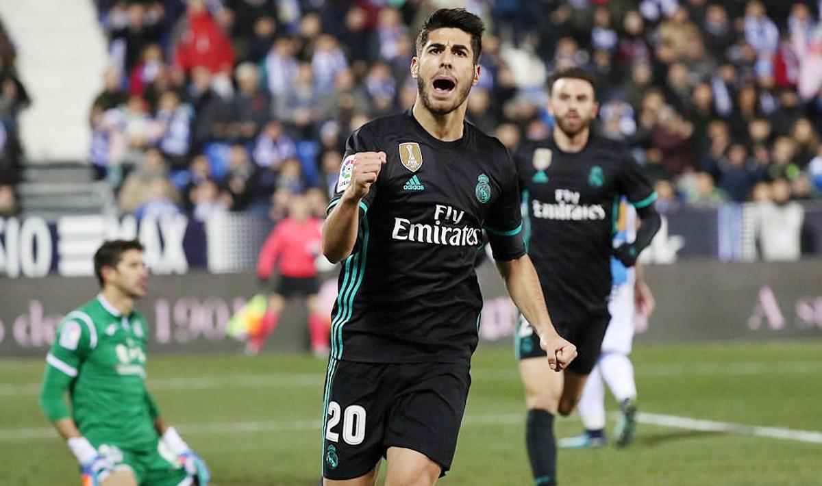 Selebrasi Marco Asensio setelah mencetak gol ke gawang Leganes pada menit ke-33.