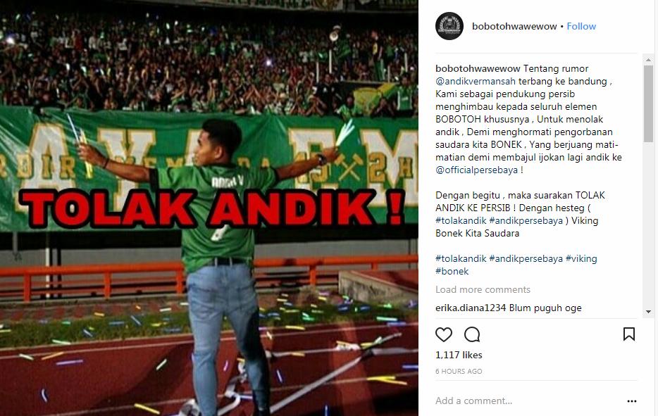 Demi Bonek, Akun Bobotoh Ini Tolak Andik Mendarat di Persib Bandung Copyright: Instagram