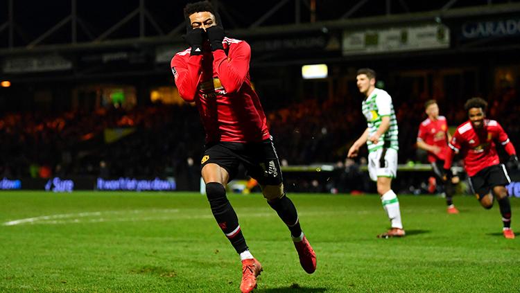 Aksi selebrasi Jesse Lingard usai cetak gol pada menit ke-89'.