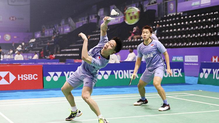 Kevin Sanjaya Sukamuljo dan Marcus Fernaldi Gideon dalam aksinya di ajang India Open 2018.