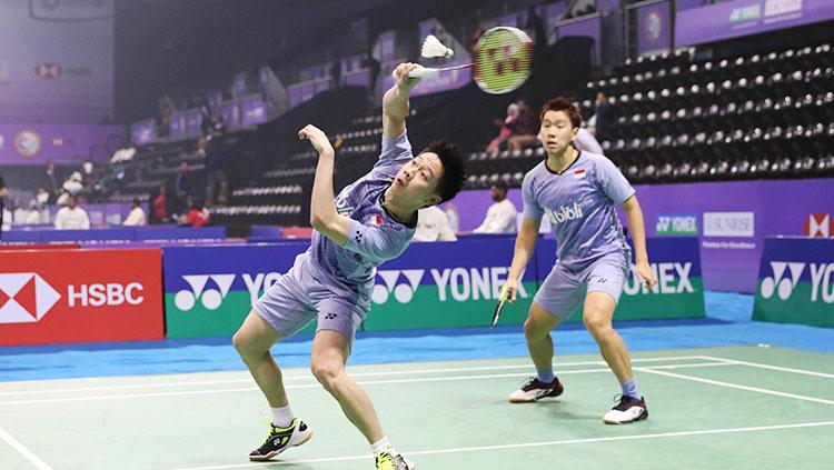 Kevin Sanjaya Sukamuljo dan Marcus Fernaldi Gideon dalam aksinya di ajang India Open 2018. Copyright: HUMAS PBSI