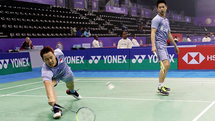 Kevin Sanjaya Sukamuljo/Marcus Fernaldi Gideon dalam aksinya di ajang India Open 2018.