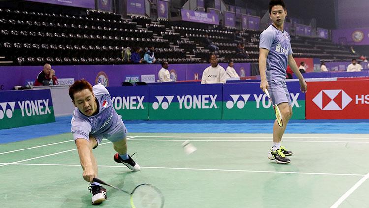 Kevin Sanjaya Sukamuljo dan Marcus Fernaldi Gideon dalam aksinya di ajang India Open 2018. Copyright: HUMAS PBSI