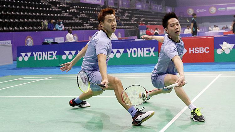 Kevin Sanjaya Sukamuljo dan Marcus Fernaldi Gideon dalam aksinya di ajang India Open 2018. Copyright: HUMAS PBSI