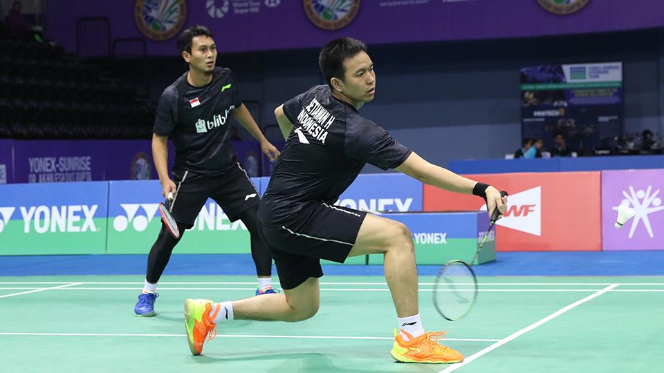 Pasangan Hendra/Ahsan saat bertanding di India Open 2018. Copyright: Humas PBSI