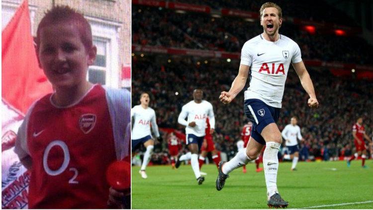 Kiri: Harry Kane kecil saat mengenakan jersey Arsenal, Kanan: Harry Kane dewasa berseragam Tottenham Hotspur Copyright: Istimewa