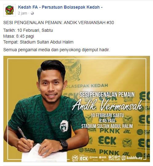 Pemain baru Kedah FA Andik Vermansah. Copyright: Ofisial Kedah FA