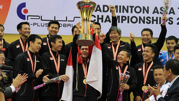 Aksi selebrasi tim putra Indonesia juara Asian Team Championships 2018.