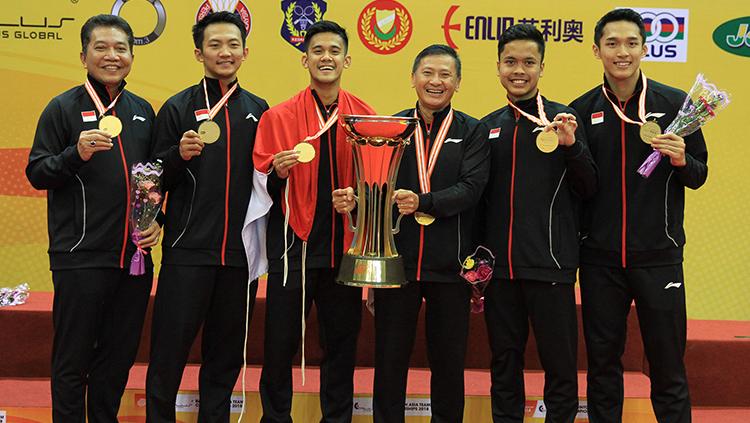 Momen kemenangan tim putra di final Badminton Asia Championships 2018.