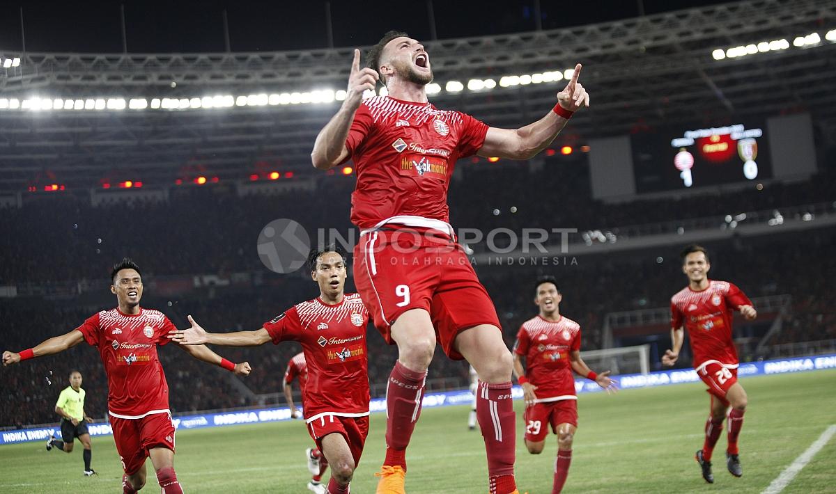 Luapan kegembiraan Marko Simic usai cetak gol di final Piala Presiden 2018.