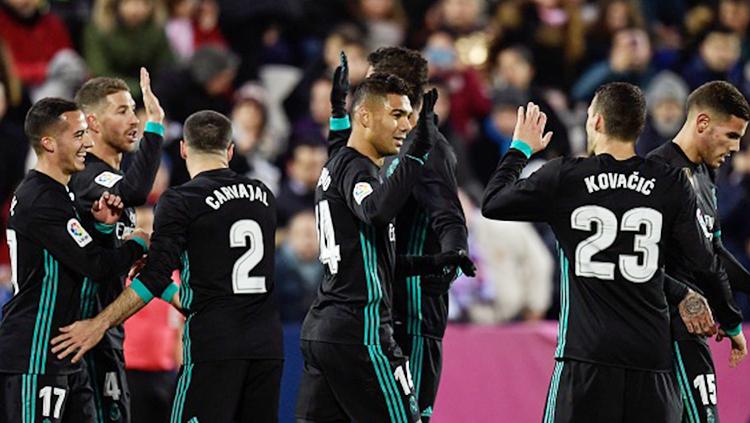 Para pemain Real Madrid melakukan selebrasi usai merayakan gol ke gawang Leganes. Copyright: INDOSPORT