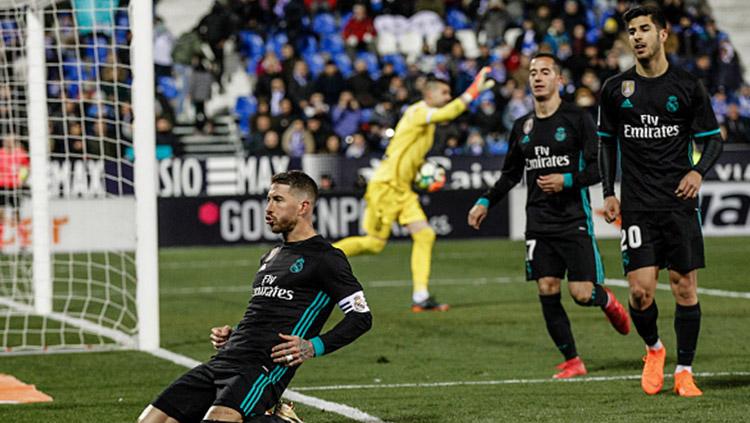 Aksi selebrasi Sergio Ramos usai cetak gol. Copyright: INDOSPORT