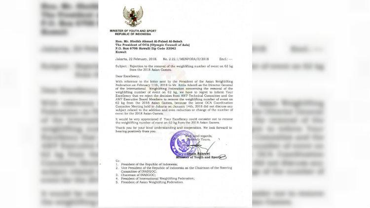 Surat protes Menpora terkait akan dihapuskannya kelas angkat berat 62 kg Copyright: Kemenpora