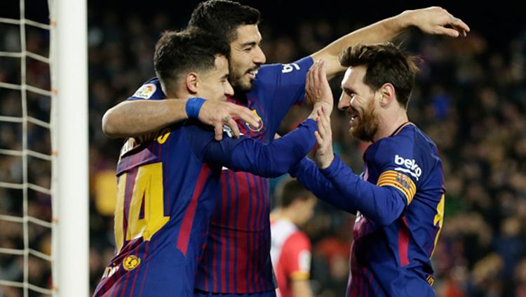 Coutinho-Suarez-Messi jadi pemain yang mencetak gol ke gawang Girona dalam kemenangan 6-1 Barcelona. Copyright: INDOSPORT