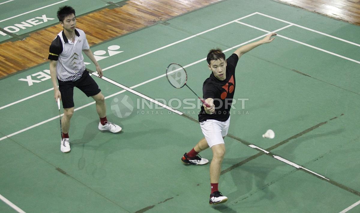 Ganda putra Indonesia, Kevin Sanjaya/Marcus Fernaldi latihan rutin jelang All England 2018 di Pelatnas PBSI Cipayung.