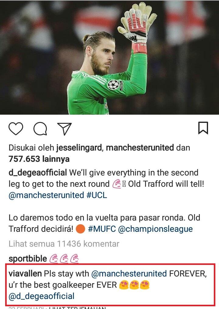 Via Vallen rayu De Gea bertahan di Manchester United Copyright: Instagram.com/@d_degeaofficial