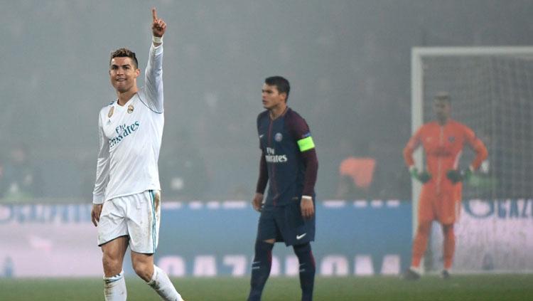 Selebrasi Cristiano Ronaldo usai membobol gawang Paris Saint-Germain. Copyright: Twitter @ChampionsLeague
