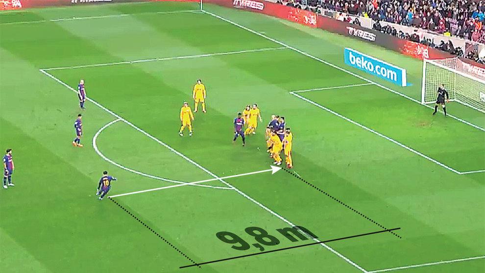 Pagar betis disinyalir terlalu jauh dari bola yang akan dieksekusi oleh Lionel Messi. Copyright: Marca