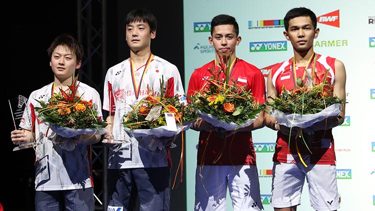 Ganda putra Indonesia, Fajar Alfian dan Muhammad Rian Ardianto gagal meraih gelar Jerman Terbuka 2018 setelah takluk dua gim langsung dari ganda Jepang, Takuto Inoue dan Yuki Kaneko. - INDOSPORT