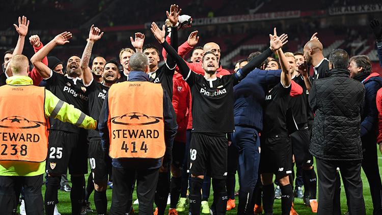Aksi selebrasi tim Sevilla setelah menang atas Man United.