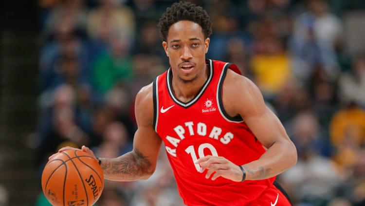 DeMar DeRozan saat laga Toronto Raptors vs Indiana Pacers.