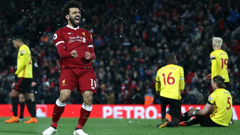 Mohamed Salah selebrasi pasca mencetak gol ke gawang Watford.