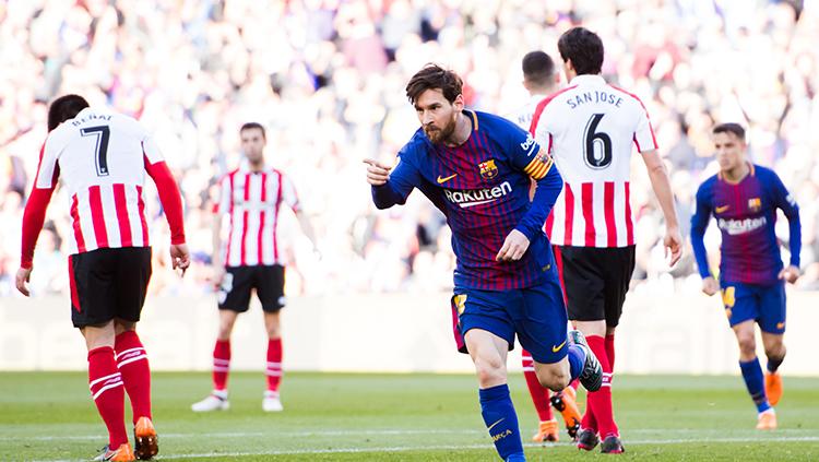 Lionel Messi usai mencetak gol kedua untuk Barcelona. Copyright: INDOSPORT