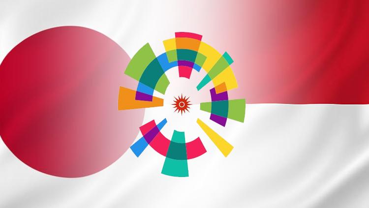 Bendera Jepang, logo Asian Games, dan bendera Indonesia.