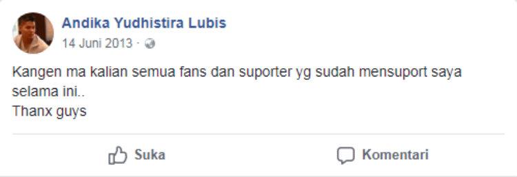 Status Facebook Andika Yudhistira Lubis. Copyright: Facebook/Andika Yudhistira Lubis