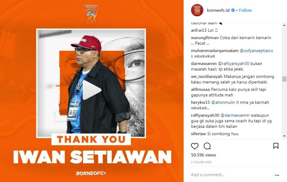 Komentar Instagram Borneo FC tentang pemecatan Iwan Setiawan. Copyright: Instagram Borneo FC.