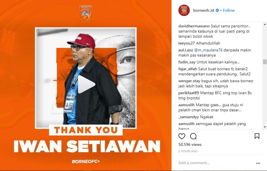 Komentar Instagram Borneo FC tentang pemecatan Iwan Setiawan. Copyright: Instagram Borneo FC.