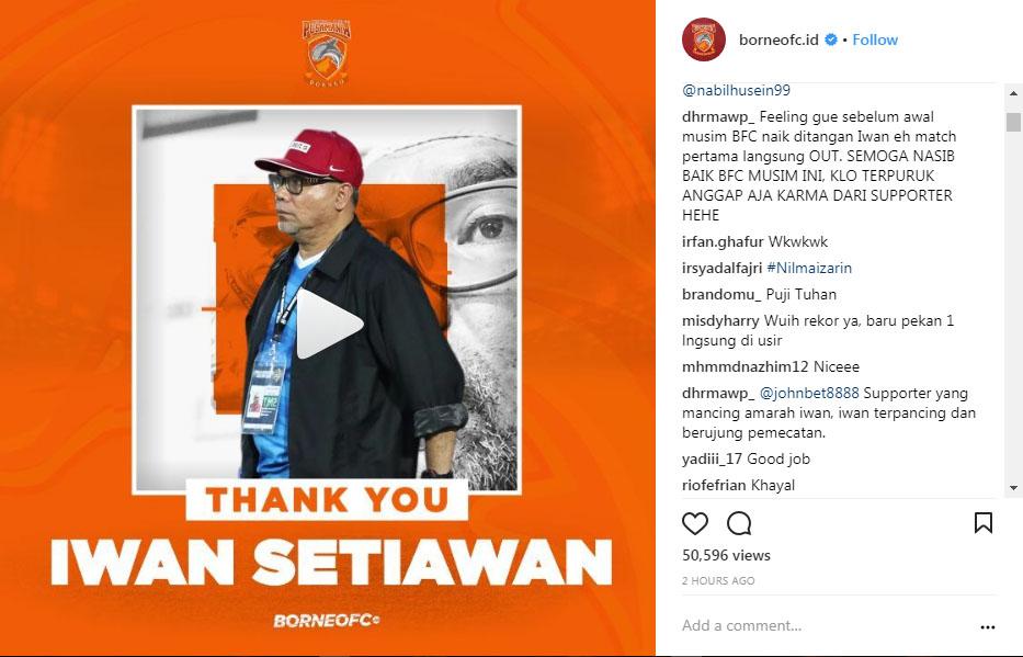 Komentar Instagram Borneo FC tentang pemecatan Iwan Setiawan. Copyright: Instagram Borneo FC.