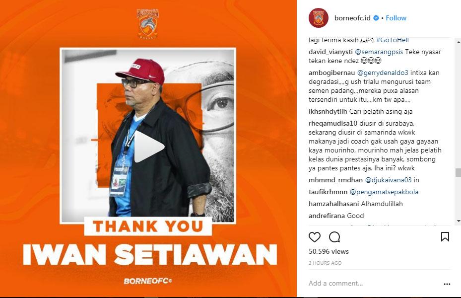 Komentar Instagram Borneo FC tentang pemecatan Iwan Setiawan. Copyright: Instagram Borneo FC.