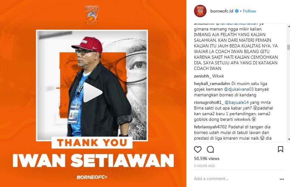 Komentar Instagram Borneo FC tentang pemecatan Iwan Setiawan. Copyright: Instagram Borneo FC.