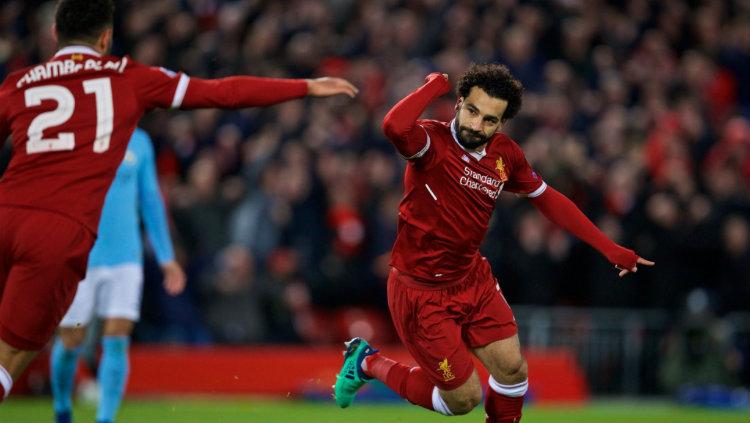 Selebrasi Mo Salah setelah cetak gol pertama.