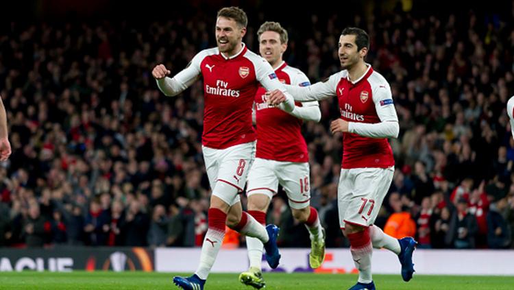 Aaron Ramsey saat berselebrasi usai mencetak gol ke gawang CSKA Moskow. Copyright: INDOSPORT