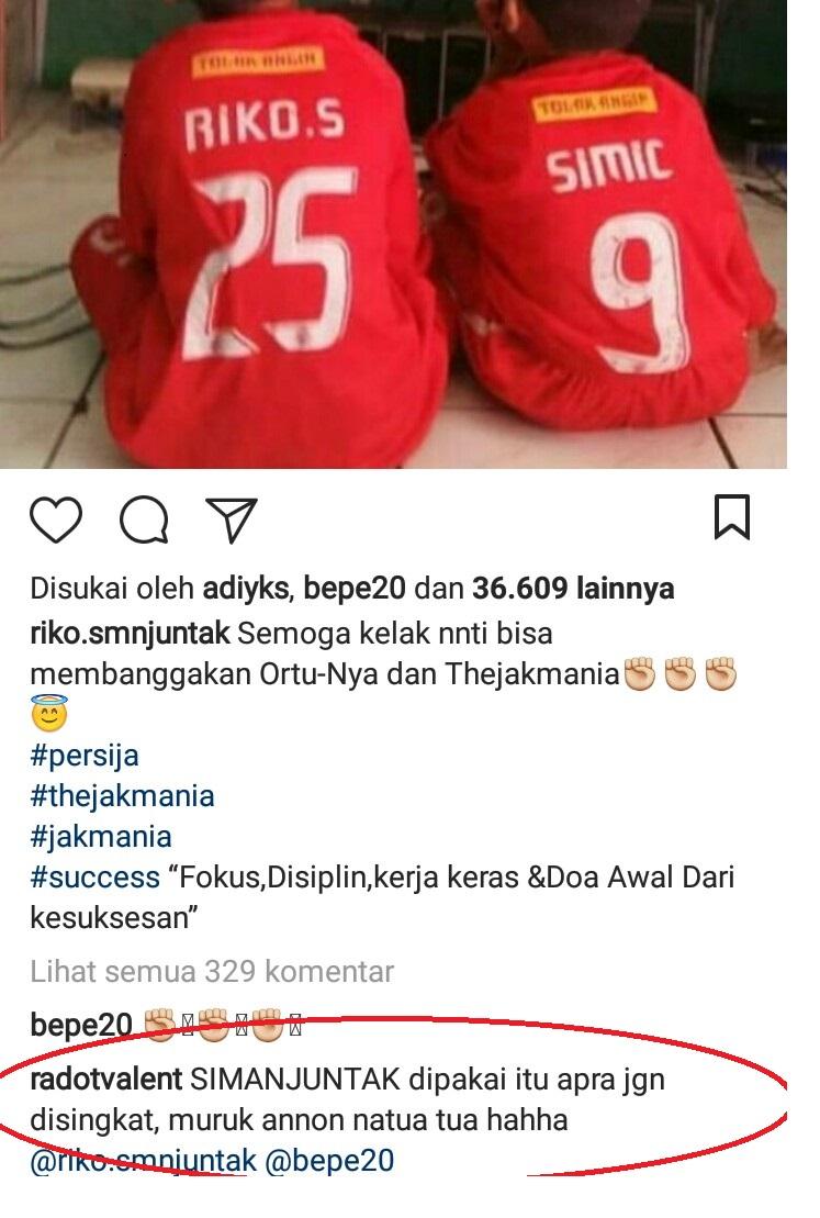 Postingan instagram Riko Simanjuntak dikomentari Valentino Jebret. Copyright: Instagram/@riko.smnjuntak