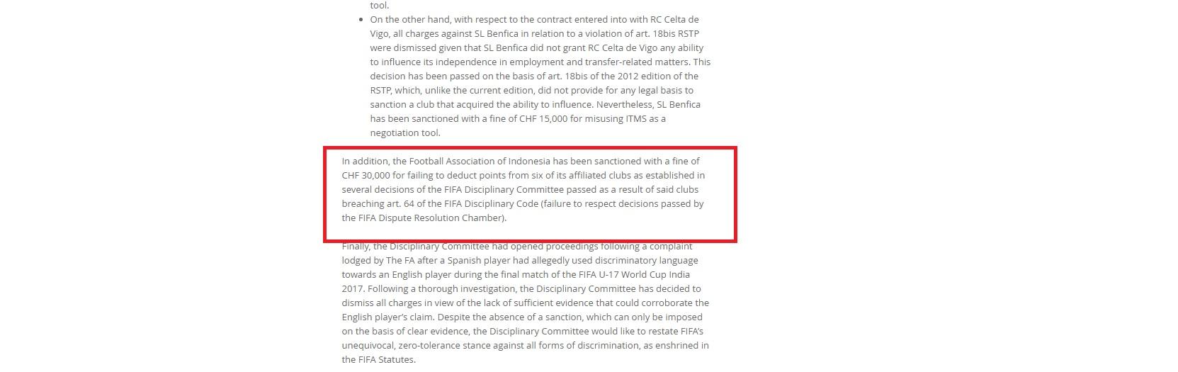 Pernyataan tertulis FIFA tentang sanksi untuk PSSI. Copyright: FIFA.