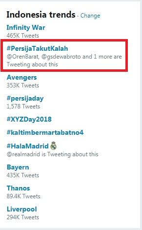 #PersijaTakutKalah menjadi trending topic setelah pengunduran jadwal laga Persija vs Persib yang sedianya digelar 28 April mendatang. Copyright: Twitter